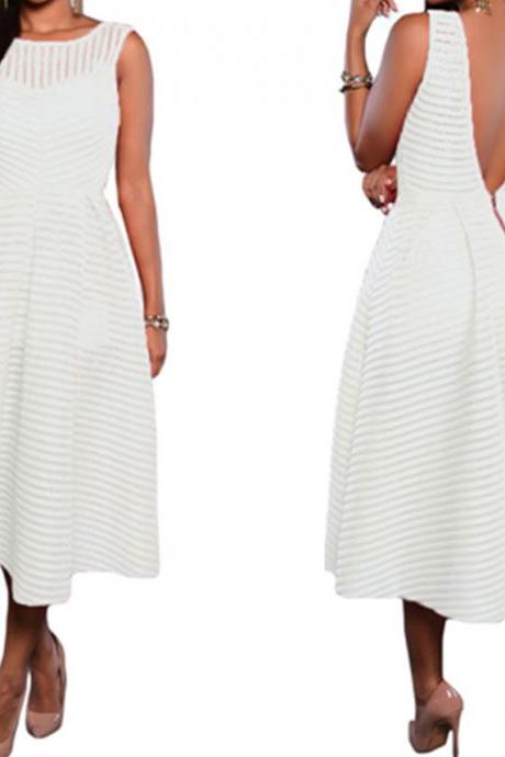 Sale! White A-line Stripes V Back Graduation Dress Midi Dress