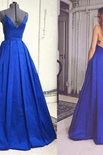 Custom Made Backless Royal Blue A-line Straps F;oor Length Graduation Dress Prom Dress Evening Dress