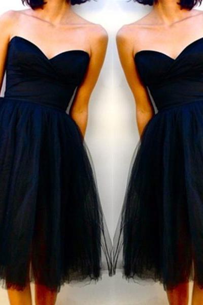 Elegant Black Ball Gown Sweetheart Neckline Knee Length Little Black Dress Graduation Dress Bridesmaid Dress