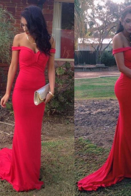 Custom Made Hot Red Sheath-Column Off-shoulder Sweep Train Graduation Dress Prom Dress Evening Dress