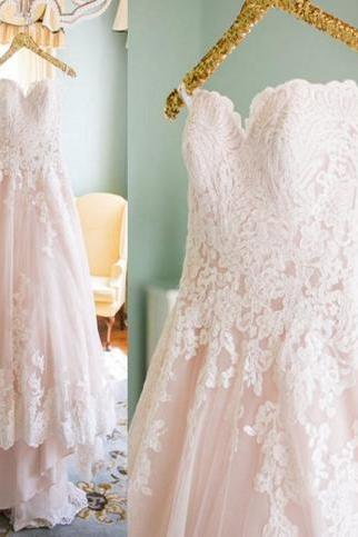 Custom Made Pearl Pink Lace A-line Sweetheart Neckline Court Train Wedding Dress with Zipper Back