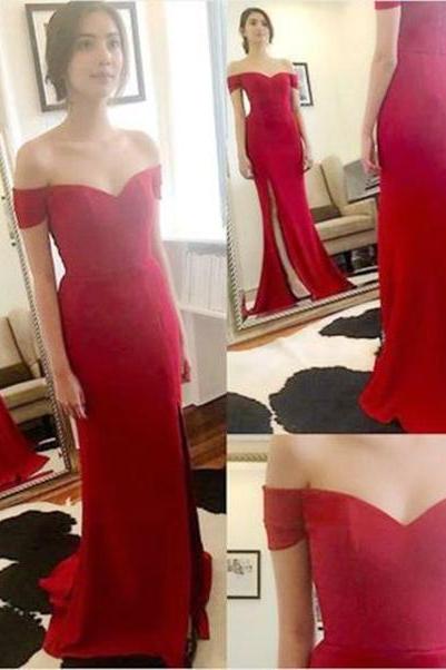 Elegant Custom Made Red Sheath/Column Off-shoulder Neckline Sweep Train Split Evening Dress Wedding Party Dress Prom Dress