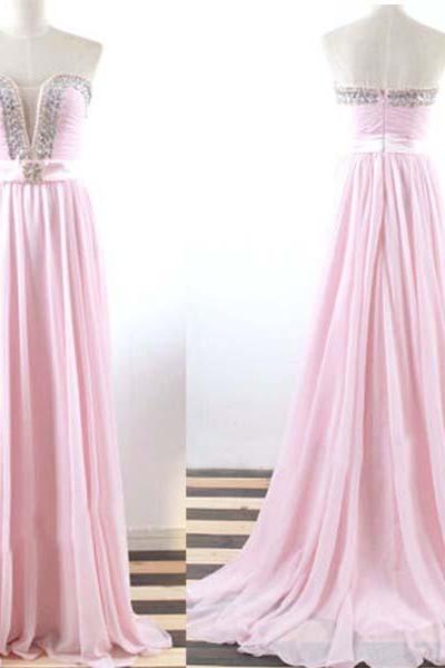 Custom made Beaded Bodice Pink Sweetheart Neckline Sweep Train Prom Dress Formal Dress Wedding Party Dress